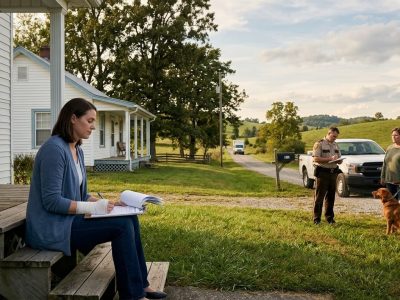 Kentucky dog bite victim reviewing paperwork on her porch steps while a county officer takes a report from the dog's owner